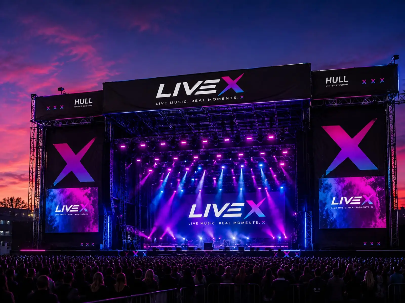 Visualisation of a LIVE X stage at dusk, with a crowd in front of a lit rig